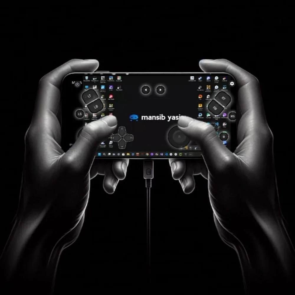 Hands holding a phone running MAYA's virtual gamepad over a streamed Windows desktop